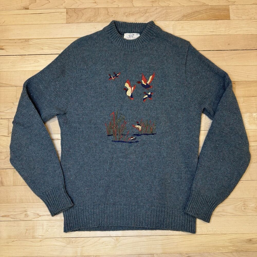 VTG Lord Jeff Sweater Women Large Blue Wool Embroidered Pheasant English Country
